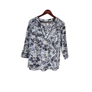 Rebecca Taylor Women M Sz 6 Silk Top Blouse Blue Floral Boho Peasant V Neck T4